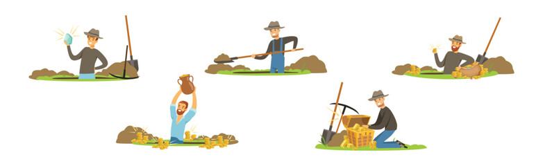 Wall Mural - Man Character Treasure Hunter with Shovel and Pickaxe Vector Set