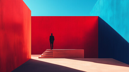 Poster - minimalist photography of an anonymous character on a majestic minimalist architecture background, m