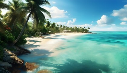 Wall Mural - Tropical paradise with turquoise waters, swaying palm trees, and sunlit sandy beaches