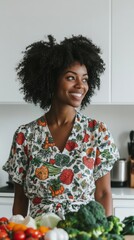 Sticker - A woman smiles while standing in front of a counter full of vegetables