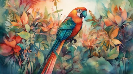 Wall Mural - A vibrant parrot amidst lush, colorful tropical foliage.