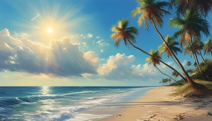 Tropical paradise with golden sands and swaying palm trees under a radiant sun