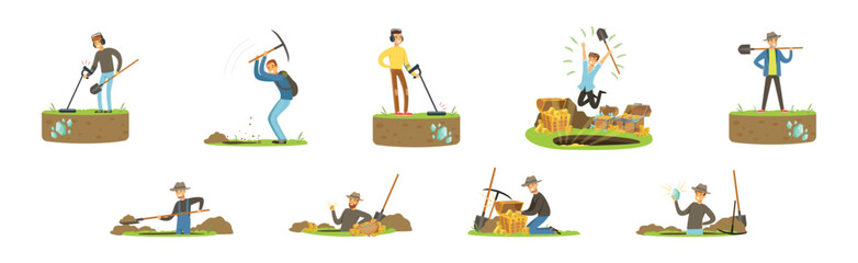 Wall Mural - Man Character Treasure Hunter with Shovel and Pickaxe Vector Set