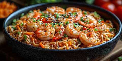 Delicious stir-fried shrimp and vegetable noodles with sesame seeds in eco-friendly packaging