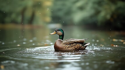 A mallard duck swims in a pond, creating ripples and splashing water.