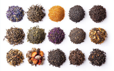 Tea, Black Tea and Red shirts, in different types of tea leaves with various ingredients on white background, flat lay, top view.