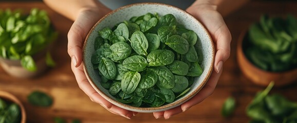 Sticker - A person holding a bowl of fresh spinach leaves, highlighting healthy eating.