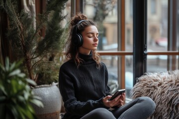 Gen Z listening to music in minimalist tech space