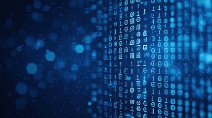 Abstract Blue Digital Background with Binary Code and Bokeh Lights