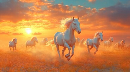 Herd of funny cartoon horses running with dust clouds, exaggerated motion