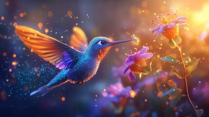 Hummingbirds with tiny jetpacks, hovering around cartoon flowers