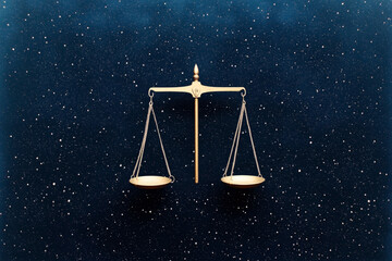 Wall Mural - a golden balance scale is pictured against a starry night sky background, symbolizing justice and eq