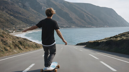 Boy rides a skateboard on the road in the mountains with beautiful view. AI generated image, ai.