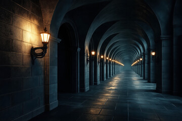 Wall Mural - A long, mysterious corridor adorned with lanterns on the walls, featuring an infinite perspective created by continuous arches. The dim lighting adds a dramatic ambiance.