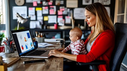 Mother holding her baby and working on a laptop in a stylish home office, showcasing a balance between work and family life.