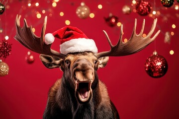 Wall Mural - A moose wearing a Santa hat and a red hat is standing in front of a red background