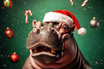 Wall Mural - A hippo wearing a Santa hat and surrounded by Christmas decorations