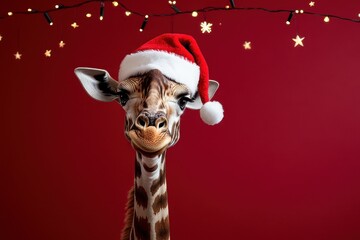 Wall Mural - A giraffe wearing a Santa hat is standing in front of a red background adds a festive and warm atmosphere to the scene