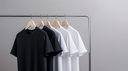 black and white  t-shirts mockups hanging on metal rack