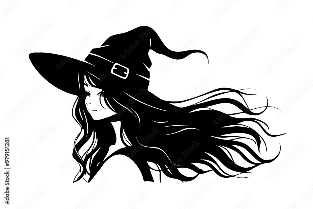Wicked Library Background Silhouette Halloween witch with long hair wearing a black witch hat on ...