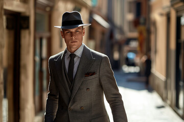 Man in fedora hat and suit walking down historical street