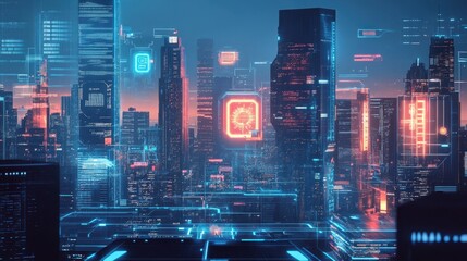 Wall Mural - Futuristic Cyberpunk City Skyline at Night with Neon Lights