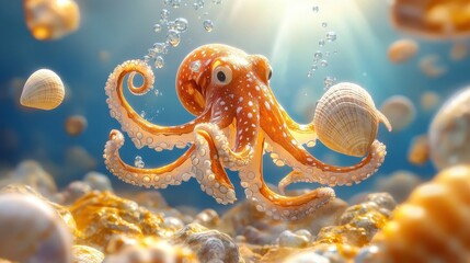 Octopus juggling seashells underwater, cartoon marine scene