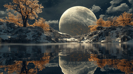 Wall Mural - Fantasy landscape, big moon, reflections
