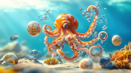 Octopus juggling seashells underwater, cartoon marine scene