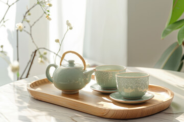 Elegant green ceramic teapot and two matching cups on top, placed on a wooden surface against a white background.