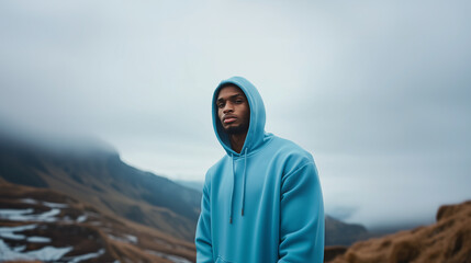 black man wearing blue hoodie mockup with mountains background, hiking clothes concept