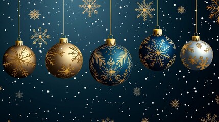 Merry christmas greeting vector design. Christmas balls hanging with gold, glitter, shiny and glossy elements in snowflakes pattern elegant background. generative ai