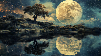 Wall Mural - Fantasy landscape, big moon, reflections
