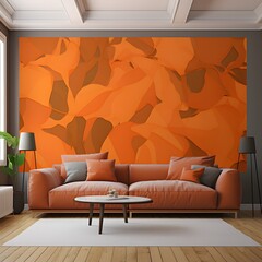 Wall Mural - A modern living room featuring an orange abstract mural and a cozy couch.