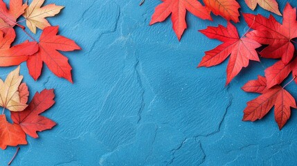 Poster - Autumn Leaves Frame on Blue Background