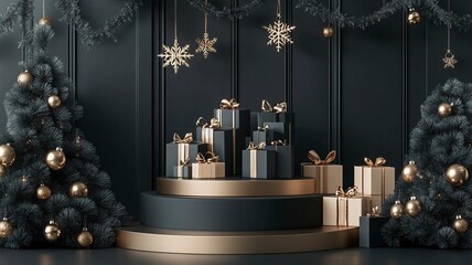 Wall Mural - Black Friday Super Sale with podium display and shopping bags, Christmas and Happy New Year promotion, 3d rendering. generative ai