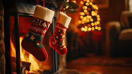 Cozy Christmas stockings hang by the fireplace, surrounded by twinkling lights and festive decorations, creating a warm holiday atmosphere.