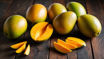 A group of fresh mangoes, both whole and sliced, revealing their vibrant orange flesh, placed on a rustic wooden surface, highlighting their smooth texture and tropical appeal.