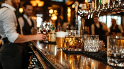 Beer and Whiskey on a Bar Counter with Bartender in the Background