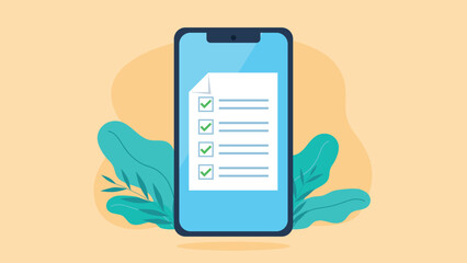 A checklist document on a phone screen. All boxes checked in green. Vector graphics in flat design style.