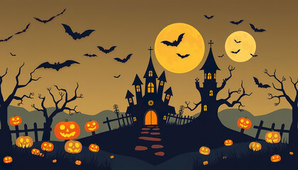 Wall Mural - A Halloween themed poster with bats flying in the sky and pumpkins on the ground