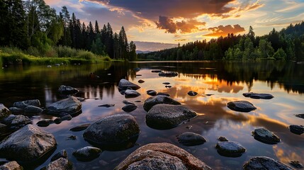 forest_river_with_stones_on_shores_at_sunsett