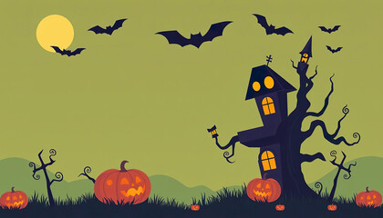 Wall Mural - A Halloween themed poster with bats flying in the sky and pumpkins on the ground