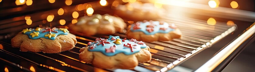 Freshly baked cookies with colorful icing, perfect for a sweet treat. Warm golden glow from the oven creates a cozy atmosphere.