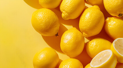 Top view of fresh lemons isolated on yellow background, Fruit minimal concept, Flat lay.