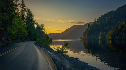 Lake_and_road_at_sunset_