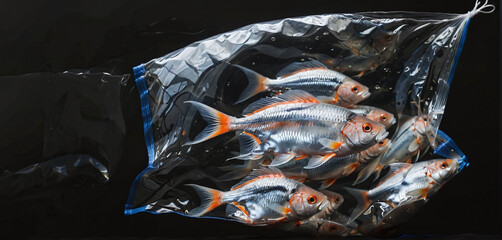 Illustrative representation of fish in water wrapped in plastic foil, conceptual representation of fish as food, overfishing and exploitation of the oceans