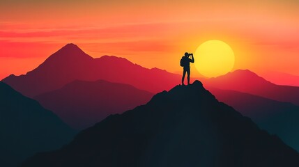 Poster - Silhouette of a person standing on a mountain peak, capturing the sunset with a camera. Vibrant, minimalist illustration. 