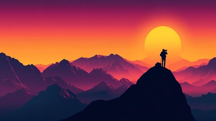 Poster - Silhouette of a person standing on a mountain peak, capturing the sunset with a camera. Vibrant, minimalist illustration. 