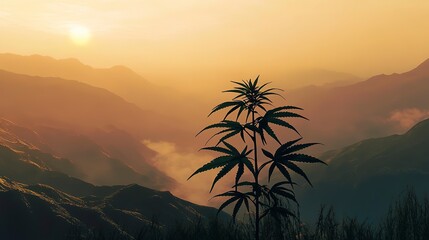 Wall Mural - An overhead view of a marijuana plant standing tall against a backdrop of misty mountains at sunrise, showcasing its silhouette 